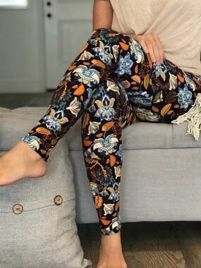 LuLaRoe Black Floral Leaf Print Leggings with Blue and Orange Accents